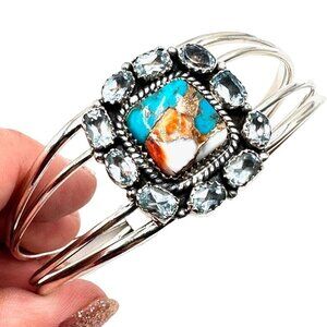 Spiny Oyster & Aquamarine Sterling Silver 7 1/4" Cuff Bracelet 54 Grams